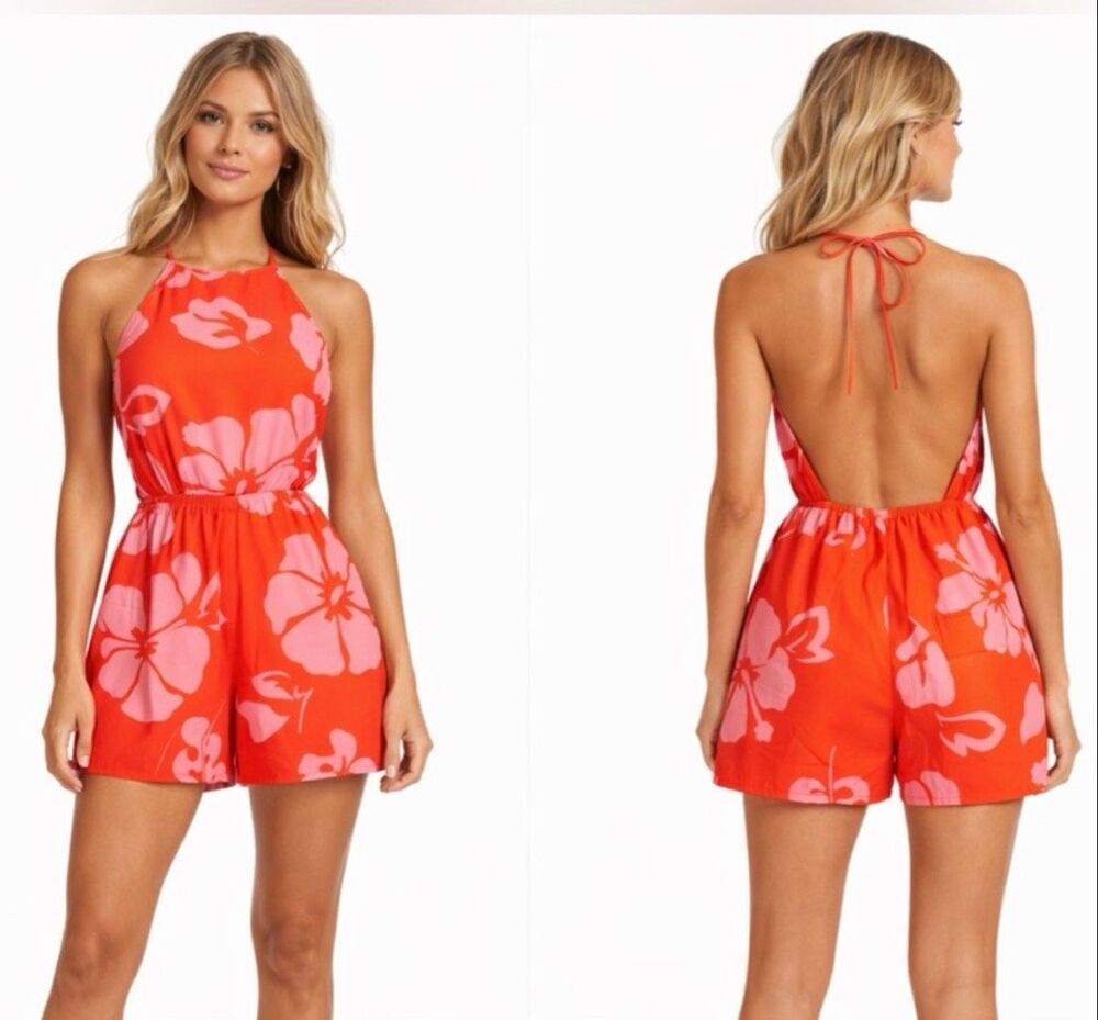 STAUD Georgia Floral Halter Open Back Cutout Romper Red Pink Size 4